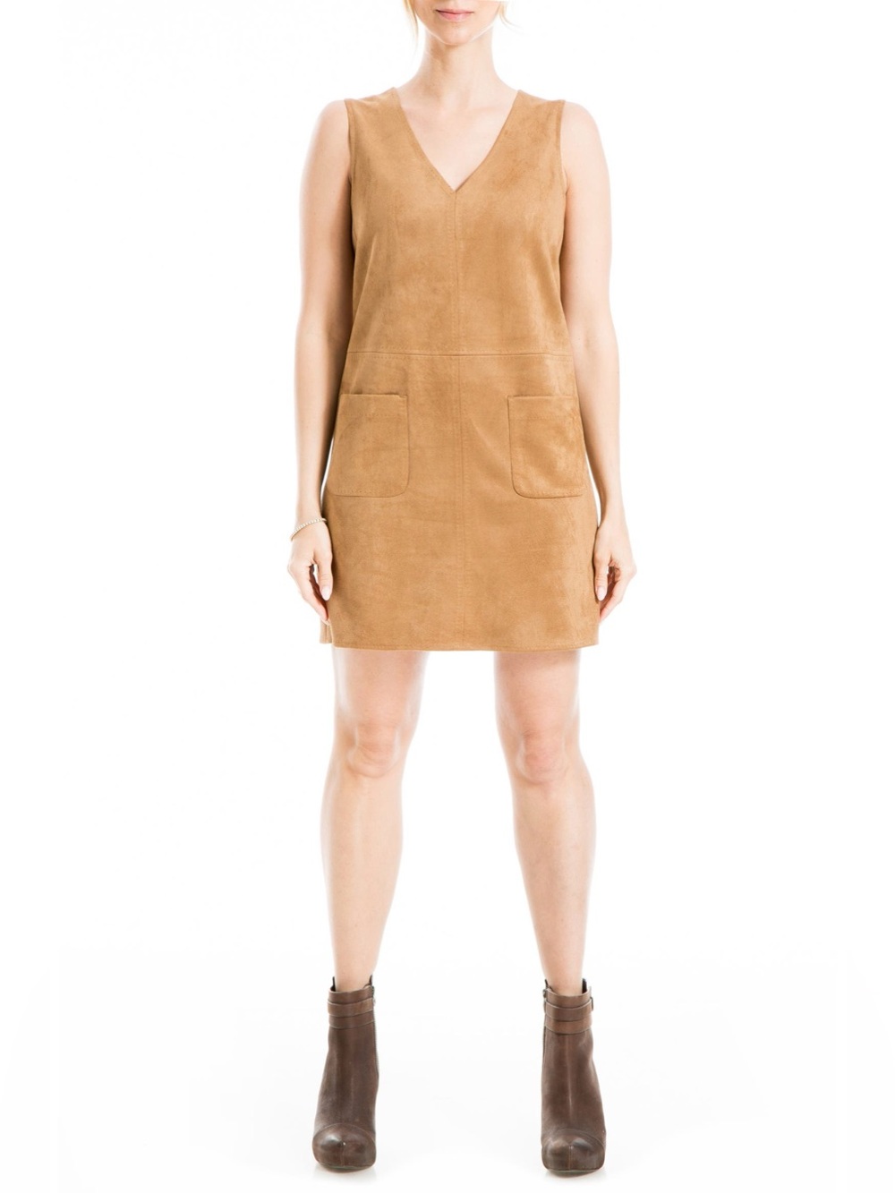 Suede V-Neck Shift Dress with Pockets